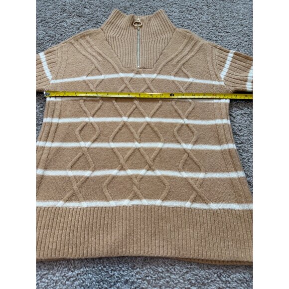 Talbots Petite Cozy Camel Striped Quarter Zip Sweater Cable Knit Size P Soft - Picture 3 of 8